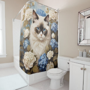Rideaux De Douche Chat Ragdoll Avec Fleurs Bleues D'Hydrangée