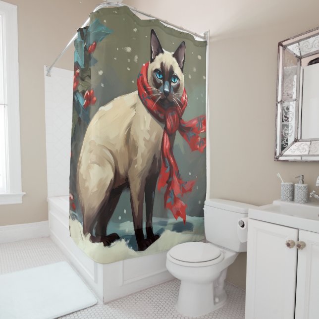 Rideaux De Douche Chat siamois à Noël de neige (En situation)