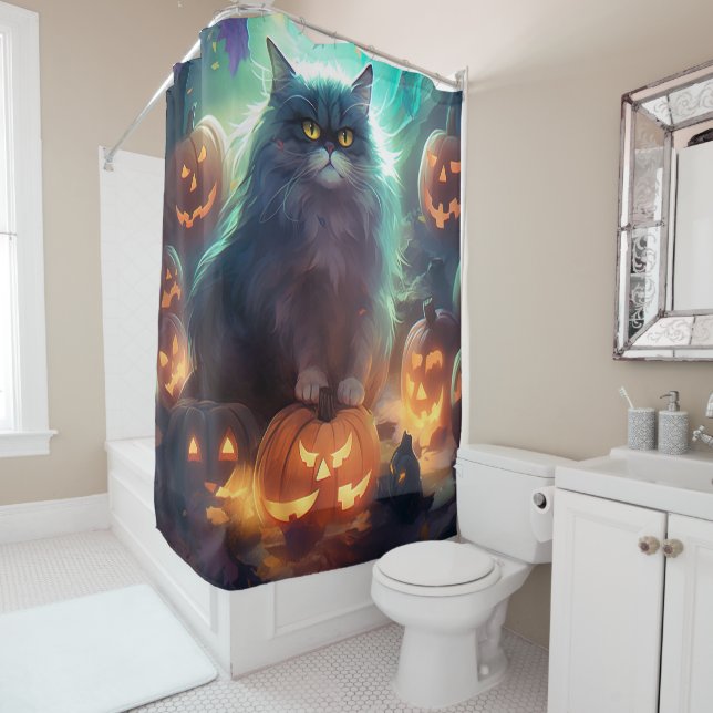 Rideaux De Douche Chat Sibérien D'Halloween Avec Peur Citrouille (En situation)