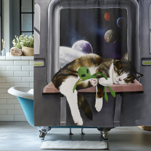 Rideaux De Douche Chat tabby vaisseau spatial Peluche extraterrestre