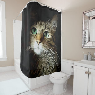 Rideaux De Douche Chat Tigre Aux Yeux Verts Isolés Sur Fond Noir
