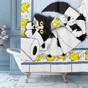 Rideaux De Douche Chat Tuxedo Joueur Papier Toilette Chaos Bleu Jaun