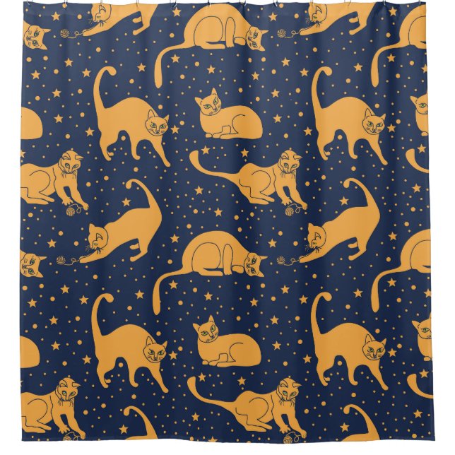 Rideaux De Douche Chats amusants, étoiles, motif spatial. (Devant)
