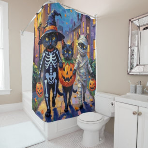 Rideaux De Douche Chats noirs demandant des friandises en costumes d