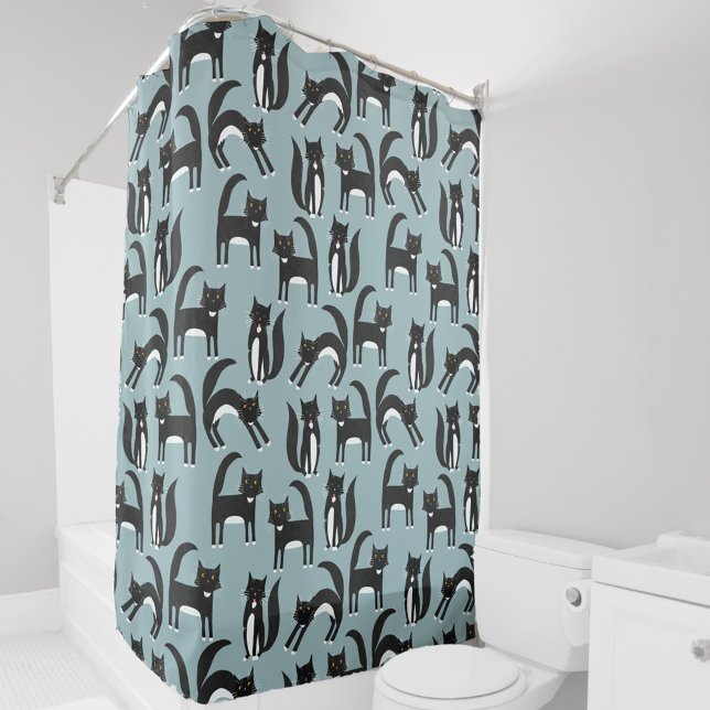Rideaux De Douche Chats noirs et blancs (Black and white Tuxedo Cat pattern shower curtain on a teal blue green background)