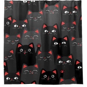 Rideaux De Douche Chats noirs et gris. Motif sans couture de dessin.