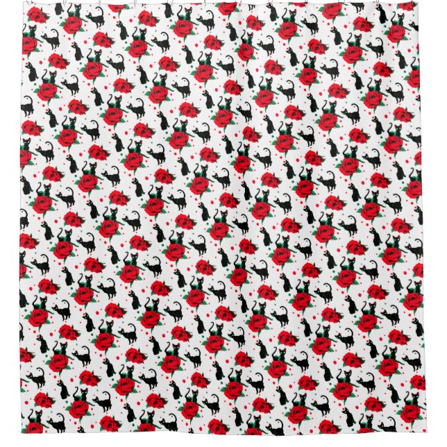 Rideaux De Douche Chats noirs mignons amusants Motif Roses rouges (Devant)
