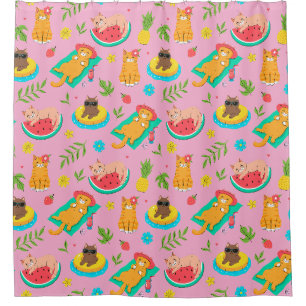 Rideaux De Douche Chats Roses Tropicaux d'Été