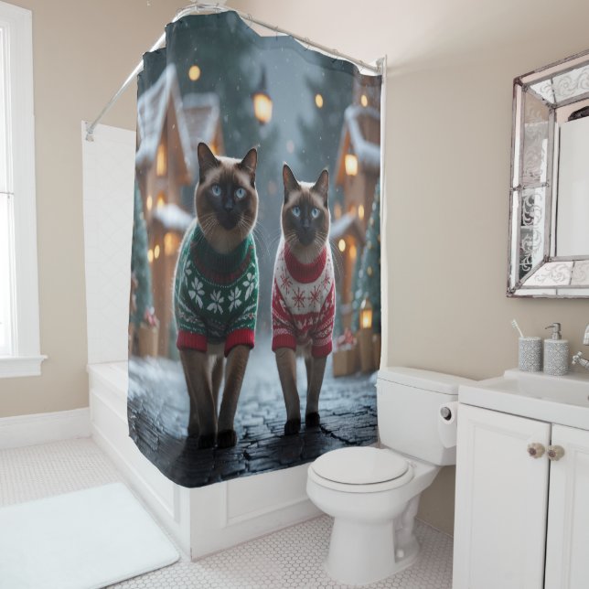 Rideaux De Douche Chats siamois Noël Neige Fêtes (En situation)