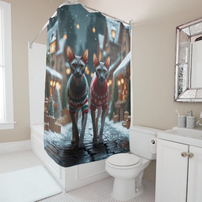 Rideaux De Douche Chats Sphynx Noël Neige Fêtes (En situation)