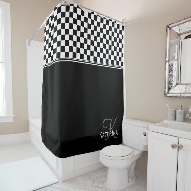 Rideaux De Douche Chèque design personnalisé en noir et blanc (En situation)