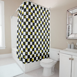 RIDEAUX DE DOUCHE CHÈQUE NOIR & BLANC MOTIF & FLEURS JAUNES PETITES