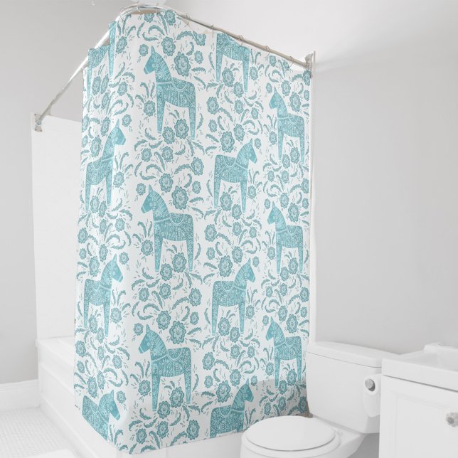 Rideaux De Douche Cheval de Dala suédois Turquoise vert et blanc (Teal green and white Swedish Dala Horse folk art pattern shower curtain)