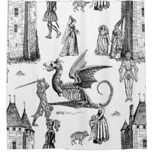 Rideaux De Douche chevalier dragon gothique médiéval squelette toile