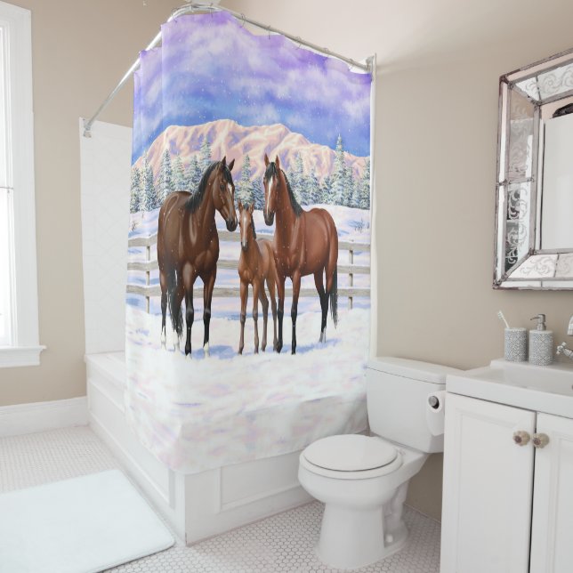 Rideaux De Douche Chevaux Du Quartier De La Baie Brown En Neige (En situation)