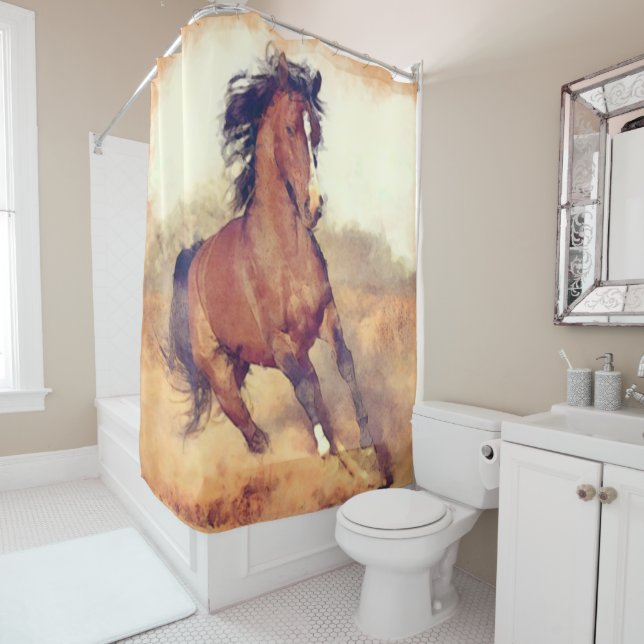 Rideaux De Douche Chevaux Mustang Sauvages Stampede Aquarelle (En situation)
