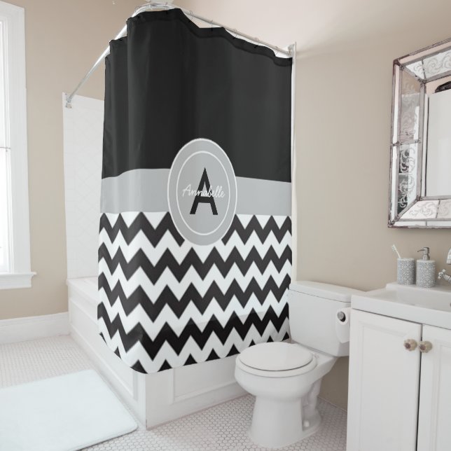 Rideaux De Douche Chevron gris noir (En situation)