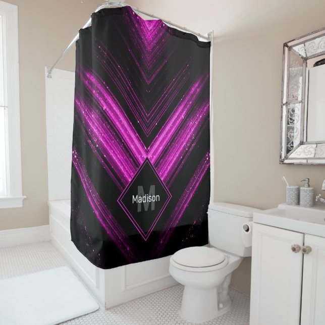 Rideaux De Douche Chevron noir rose chaud brillant métallique Monogr (En situation)