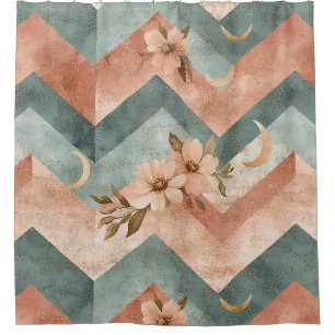Rideaux De Douche Chevron Rétro Pastel avec Fleurs et Lunes