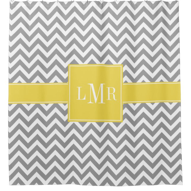 Rideaux De Douche Chevrons jaunes et gris Monogramme (Devant)