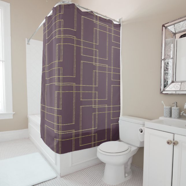 Rideaux De Douche Chic Berry Mauve & Or Géométrique Glam (En situation)