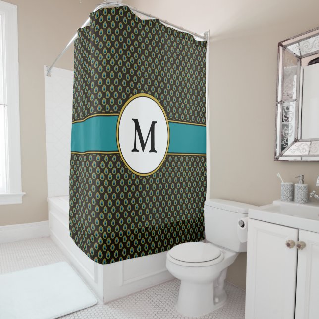 Rideaux De Douche Chic Black Turquoise Gold Peacock Imprimer Monogra (En situation)