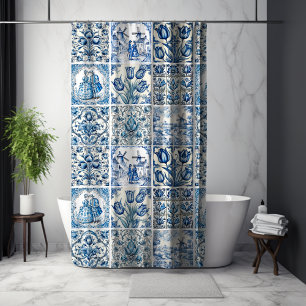 Rideaux De Douche Chic Bleu Blanc Toile De Jouy Poupées Fleurs