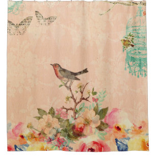 Rideaux De Douche Chic minable, oiseau, papillon, dentelle, florale,