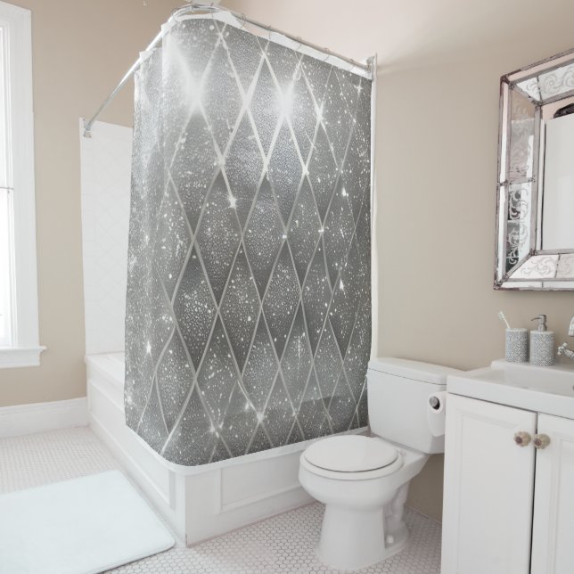 Rideaux De Douche Chic Moderne Faux Bling Sparkly Silver (En situation)