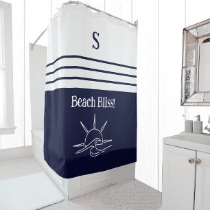 Rideaux De Douche Chic Monogram Marine Bleu Blancs Plage Maison