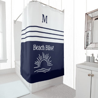 Rideaux De Douche Chic Monogram Marine Bleu Blancs Plage Maison