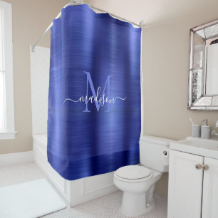 Rideaux De Douche Chic Navy Bleu Métal Brossé Monogramme Girly Scrip