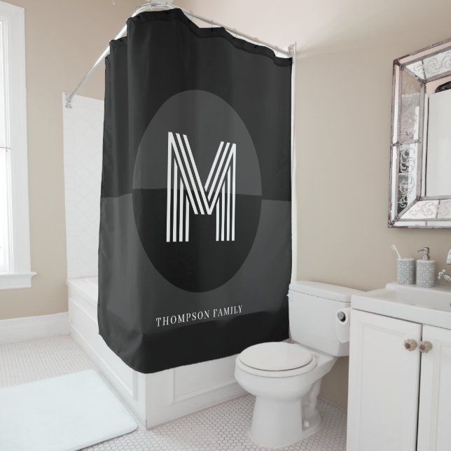 Rideaux De Douche Chic noir blanc gris géométrique Monogramme modern (En situation)