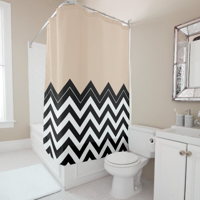 Rideaux De Douche Chic Taupe Blanc Noir Zigzag Stripes Motif (En situation)