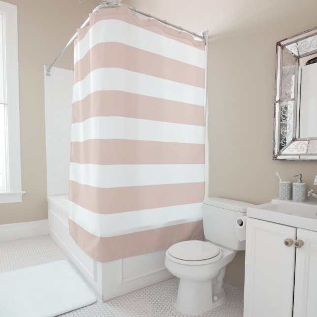 Rideaux De Douche Chic Tempête de poussière rose rayures blanches  (En situation)
