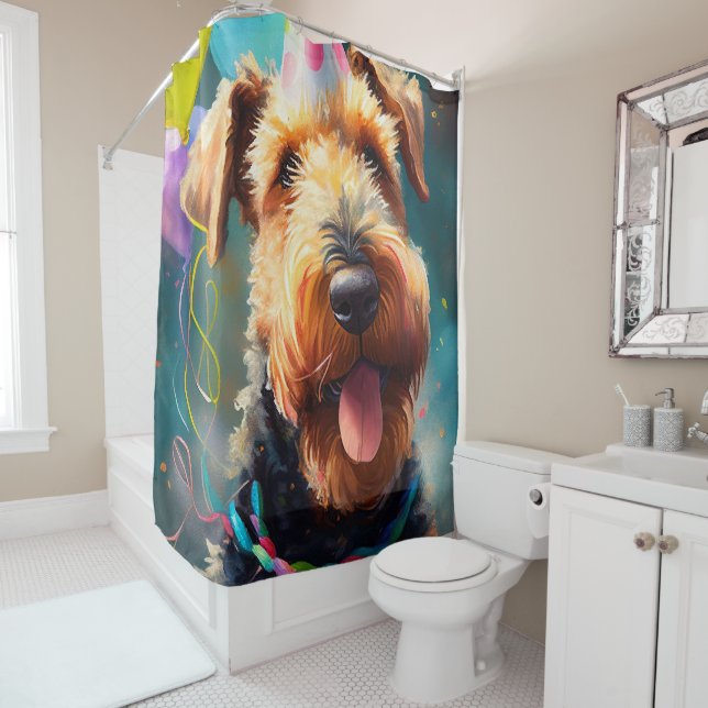 Rideaux De Douche Chien Airedale avec casquette d'anniversaire et ba (En situation)