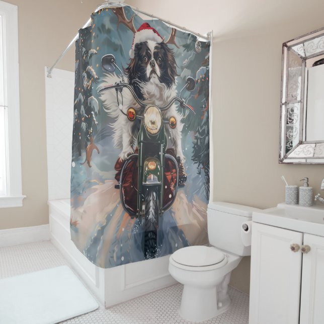 Rideaux De Douche Chien Chin japonais équitation moto Noël (En situation)