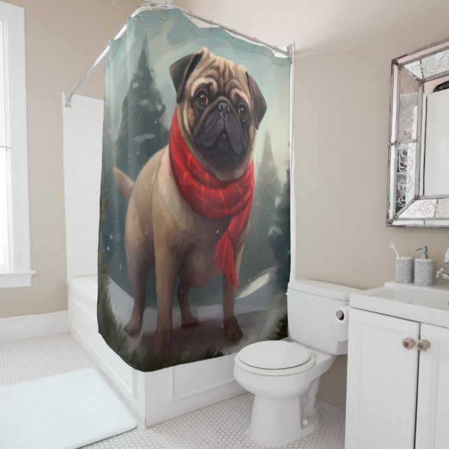 Rideaux De Douche Chien de carlin en Noël de neige (En situation)