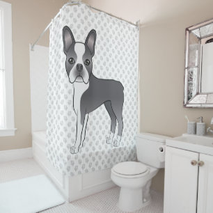 Rideaux De Douche Chien de dessin animé Boston Terrier bleu et blanc