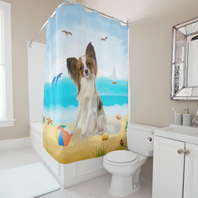 Rideaux De Douche Chien de Papillon sur la plage (En situation)