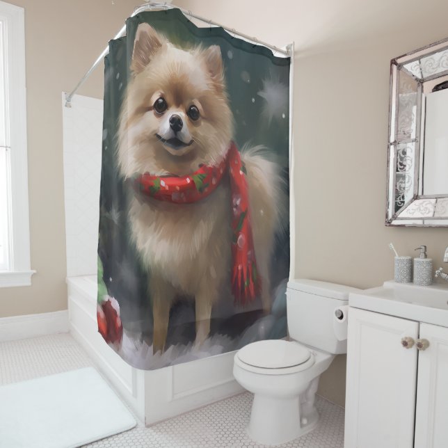 Rideaux De Douche Chien de Poméranie en Noël de neige (En situation)