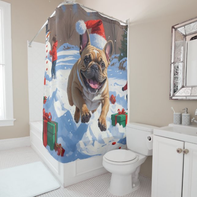 Rideaux De Douche Chien de taureau français coule en neige avec Casq (En situation)