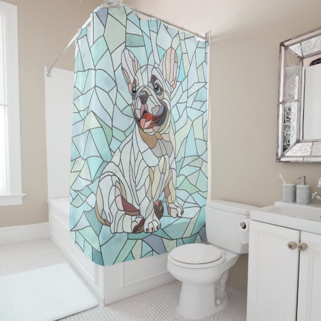 Rideaux De Douche Chien de taureau français mignon - mosaïque pastel (En situation)
