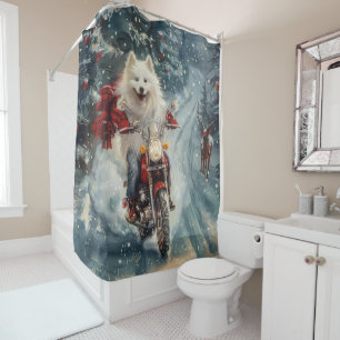 Rideaux De Douche Chien Esquimau Américain à Vélo à Noël