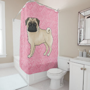 Rideaux De Douche Chien Fawn Pug Dessin Animé Balais Rose Amour Moti