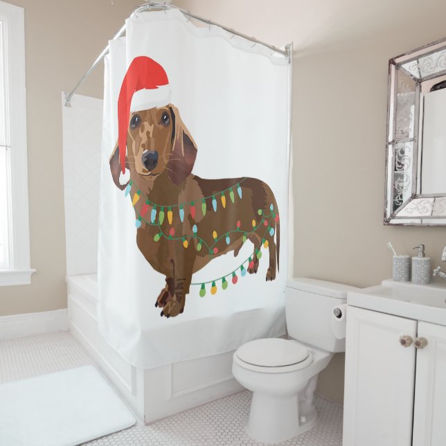 Rideaux De Douche Chien père Noël Dachshund Tangé Dans Noël Lumière  (En situation)