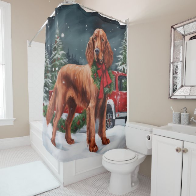 Rideaux De Douche Chien rouge irlandais à la neige Noël (En situation)