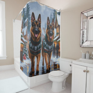 Rideaux De Douche Chiens de berger allemands Noël Neige Fêtes