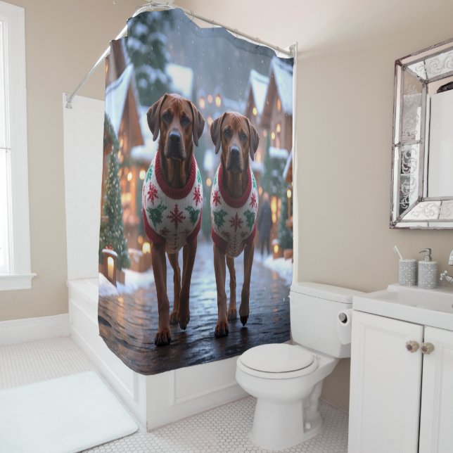 Rideaux De Douche Chiens Rhodesian Ridgeback Noël Neige Fêtes (En situation)