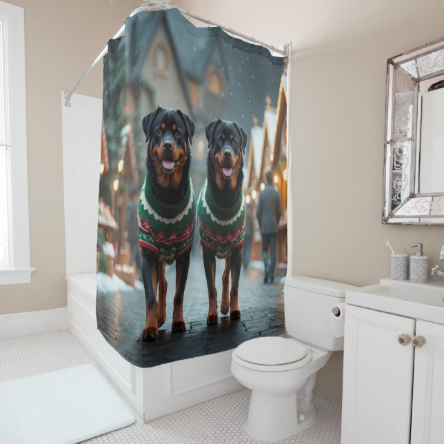 Rideaux De Douche Chiens Rottweiler Noël Neige Fêtes (En situation)